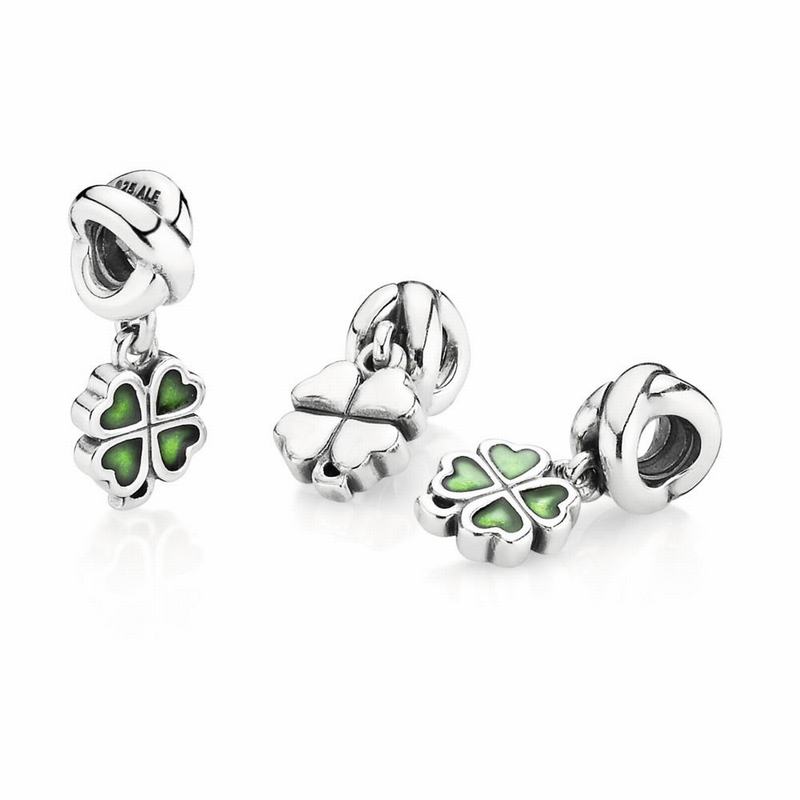 Pandora Four-leaf Clover Dangle Charm Ireland - Sterling Silver Oxidised/Enamel/Green - 135897NFW